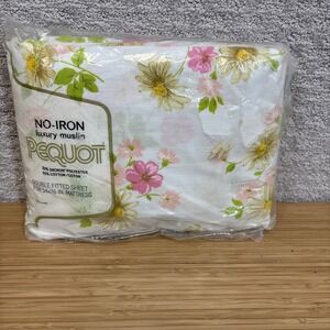 Vtg Pequot No Iron Double Fitted Bed Sheet Pink Yellow Floral 54X76 Mattress NEW